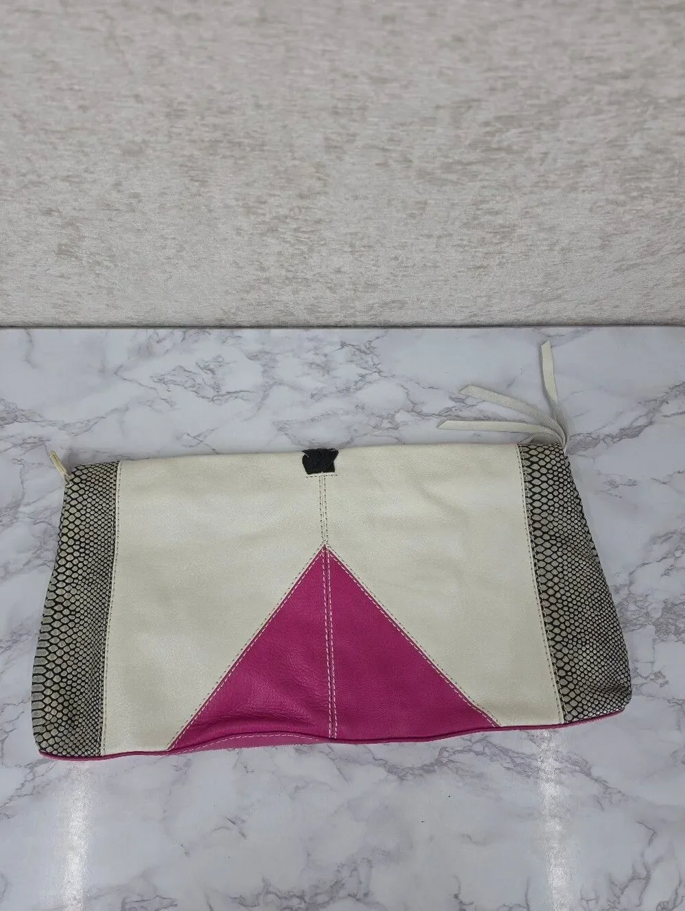 Foley & Corinna Colorblock Leather Clutch Bag in Cream Taupe Fuchsia Snakeskin